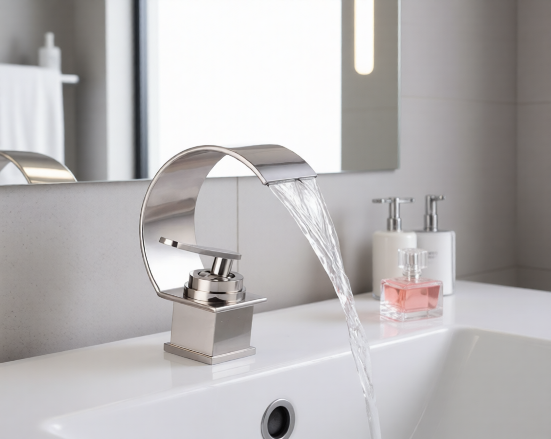 A modern curved waterfall faucet in brushed silver stainless steel, shown running with clear water flowing into a white sink in a clean bathroom setting.