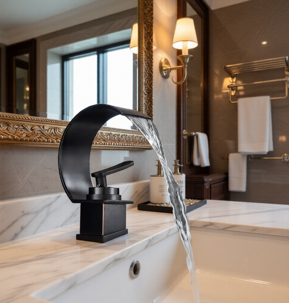 A matte black curved waterfall bathroom faucet with running water, mounted on a white marble countertop in a modern bathroom setting.