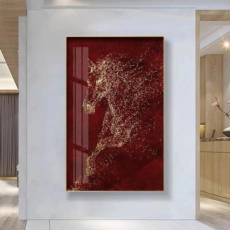 Modern Abstract Golden Horse Canvas Paintings  and  Wall Art Pictures for Living Room Office Home Décor