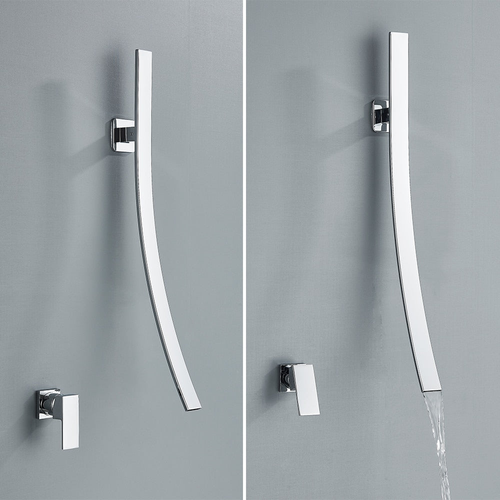 Wall Mounted 70cm Spout Waterfall Basin Faucet Single Handle Chrome Bathroom Mixer Tap Concealed Basin Sink